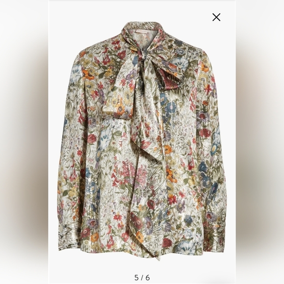 TORY BURCH Tie Neck Metallic Floral Blouse In Melody Floral Size 0 - Picture 2 of 10
